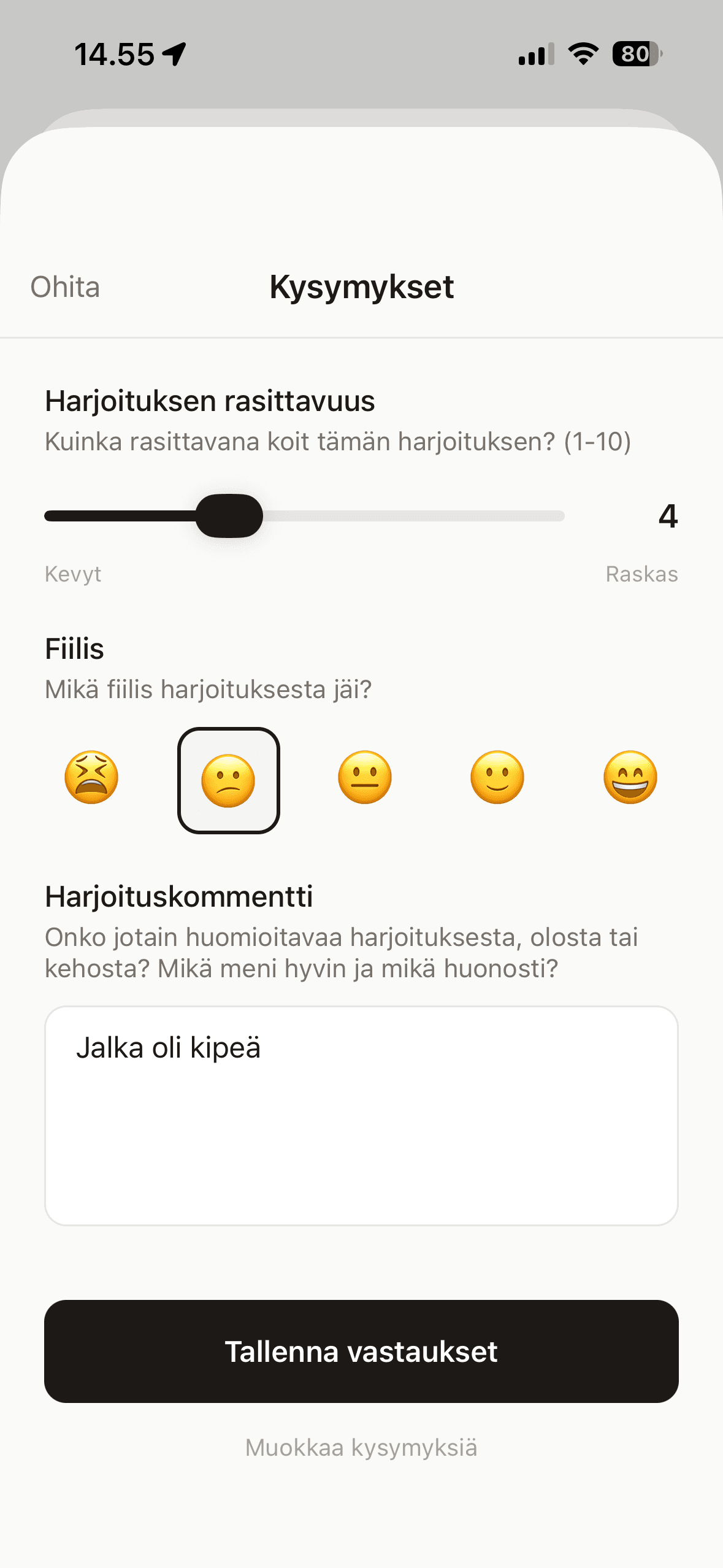 Harjoituksen rasittavuus ja palaute