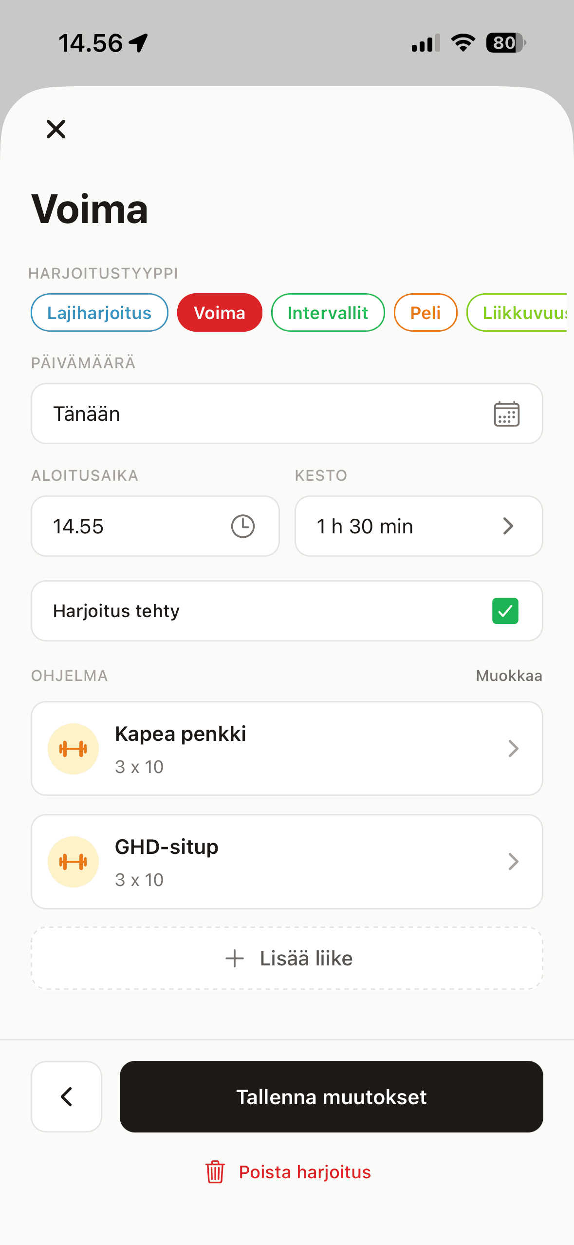 Voimaharjoituksen ohjelma ja kirjaus