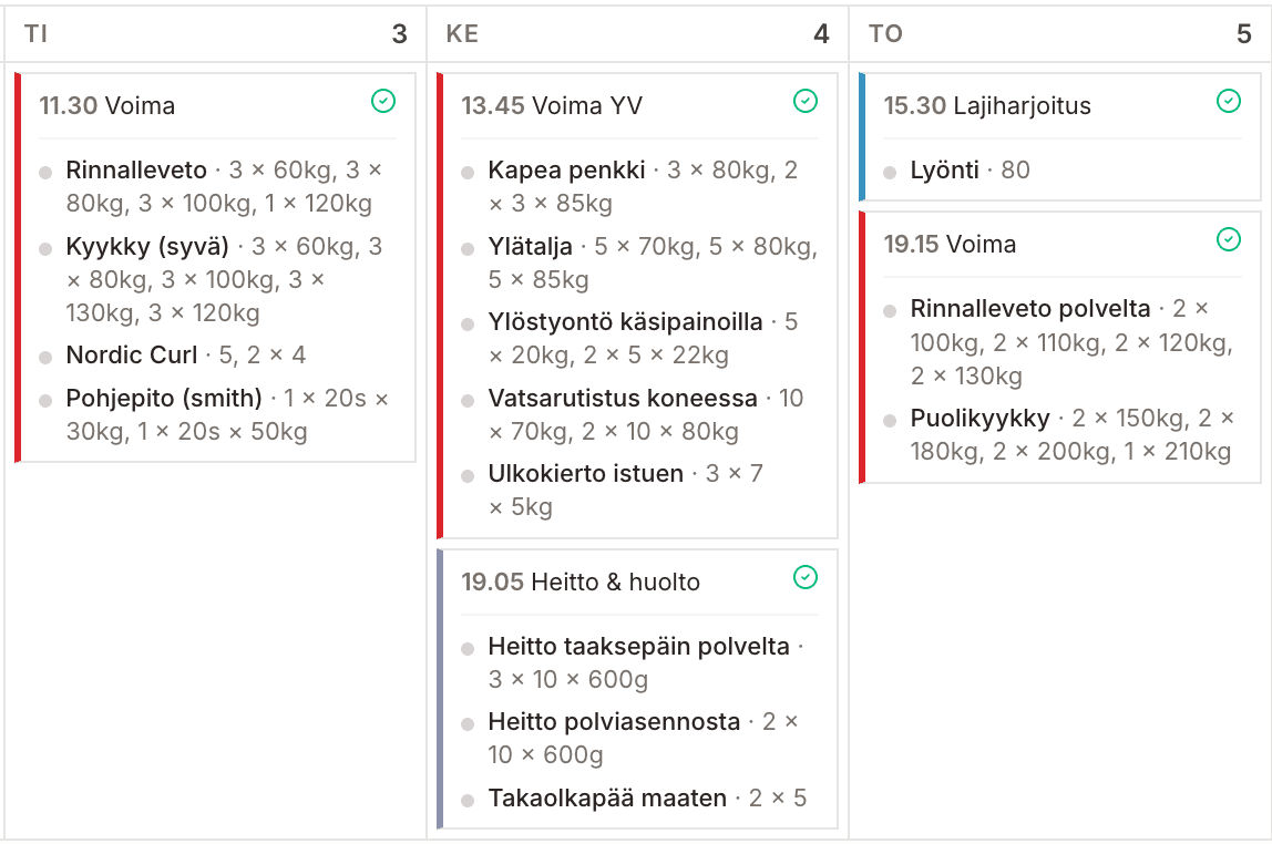 Harjoituskalenterin viikkonäkymä